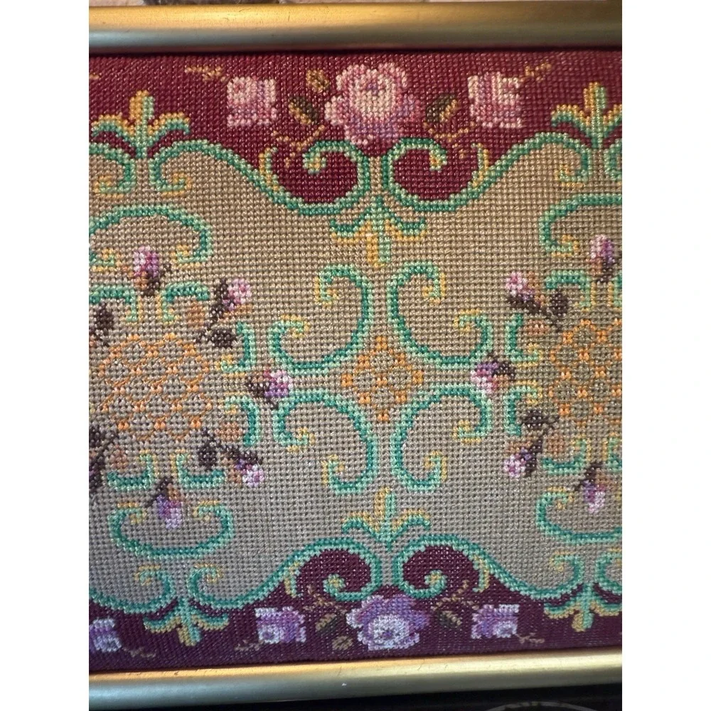 Vintage Floral Needlepoint Framed Picture Burgundy Pink‎ Yellow Green 19
